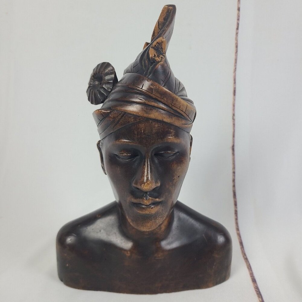 Carved Wooden Balinese Bali Young Man Head Bust Statue Sculpture Mid Century‎